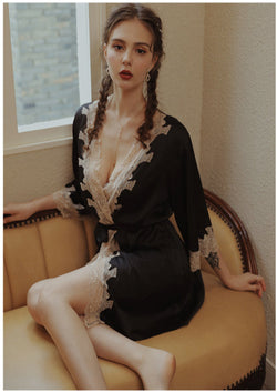 Black Sheer Lace Trimmed Tie-front Robe