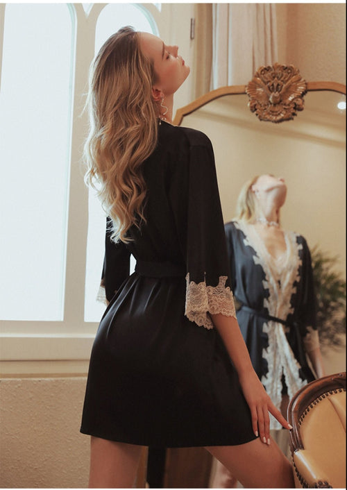 Black Sheer Lace Trimmed Tie-front Robe