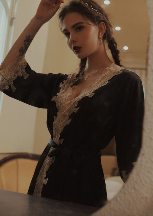 Black Sheer Lace Trimmed Tie-front Robe