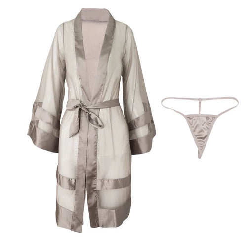 Grey Sheer Mesh Tie-front Robe