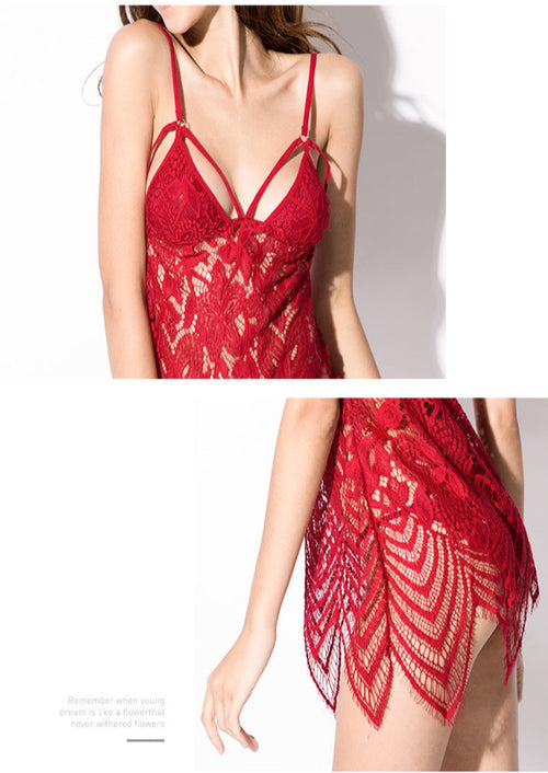 Red Wave Hem Hollow Out Nightgown