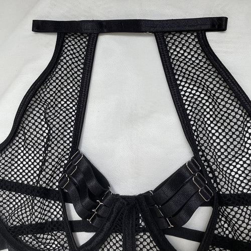 Three-Piece Push-Up Mesh Black Sheer Bandage Lingerie Set