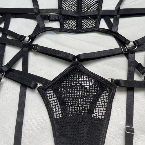 Three-Piece Push-Up Mesh Black Sheer Bandage Lingerie Set