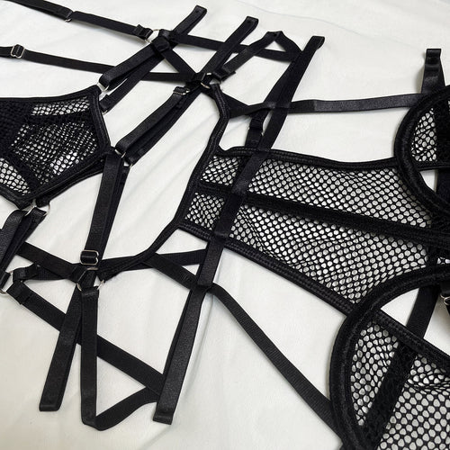 Three-Piece Push-Up Mesh Black Sheer Bandage Lingerie Set