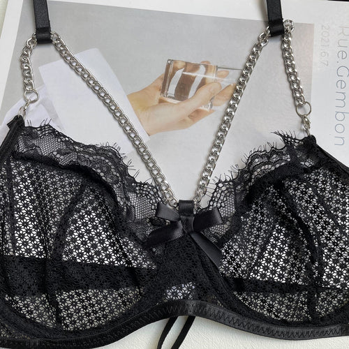 Eyelash Lace and Heavy Chain Sexy Lingerie Set