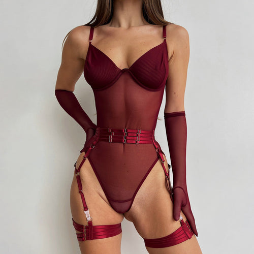 Garter Bodysuit with Hidden Closure and Gloves