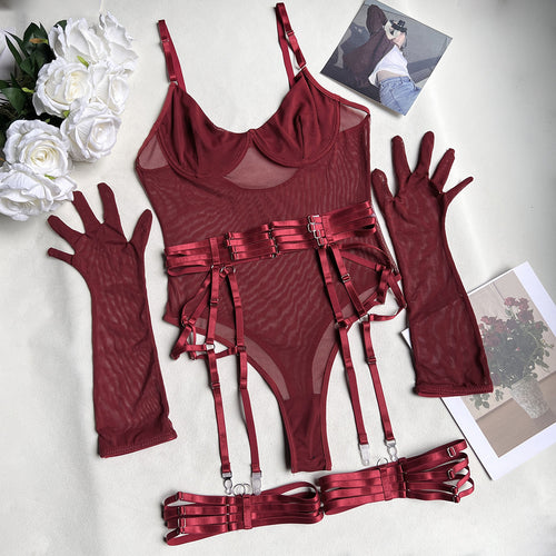 Garter Bodysuit with Hidden Closure and Gloves